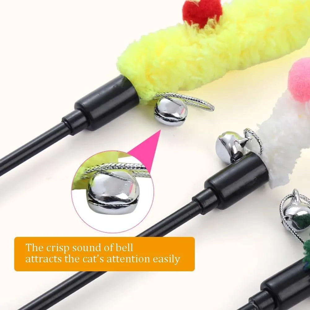Interactive cat wand toy with a long blue plush strip, fluffy ball, and bells on a stick.