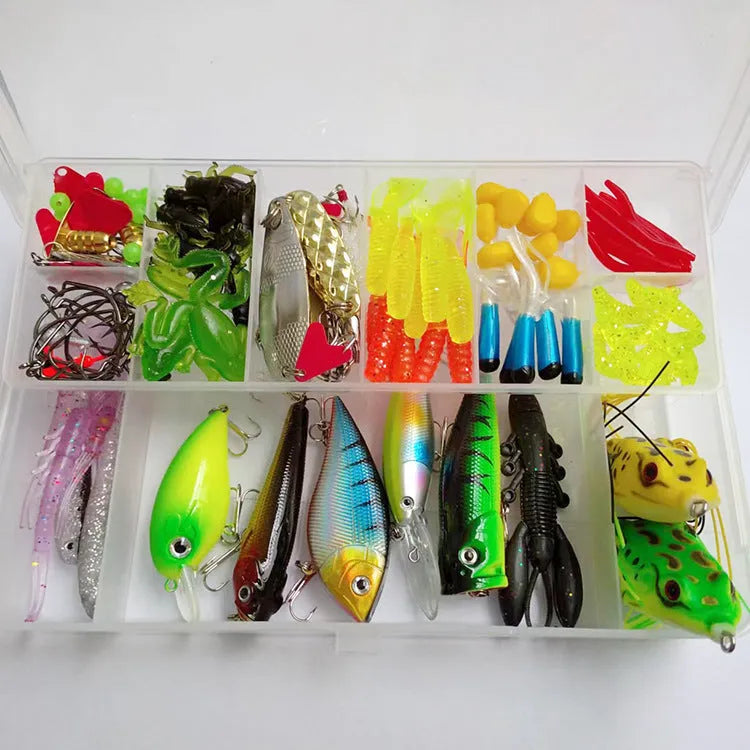 142-piece fishing lure set showing hard minnow lures, metal sequins, plastic superbait, and fishing pliers