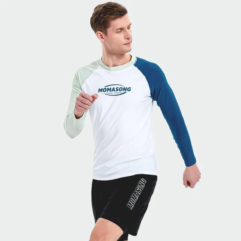 Men's white long-sleeved swim top with matching colour swim trunks laid flat.