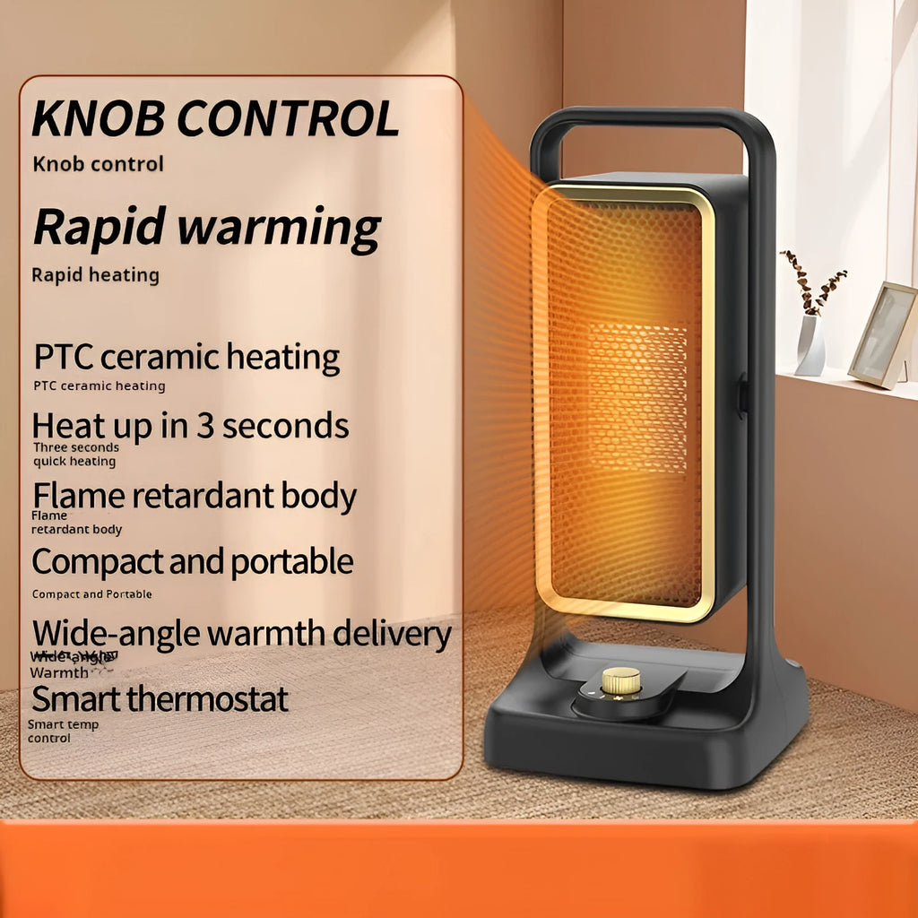 HQ-500A black PTC ceramic desktop heater on a wooden table showing control knob.