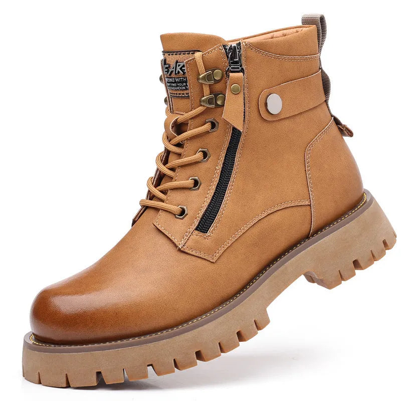 Men's brown high-top leather boots with side zipper and mid heel