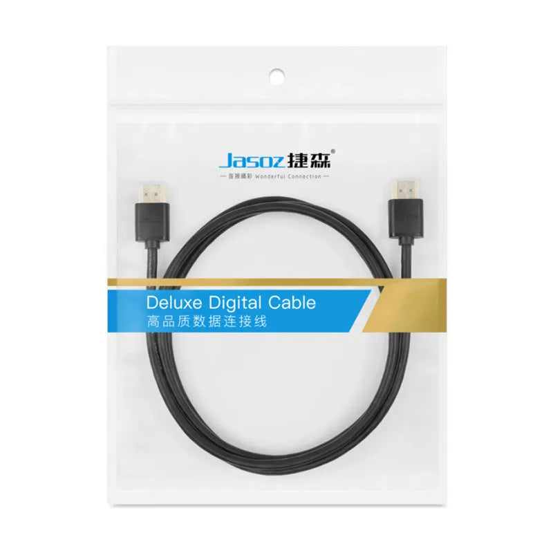 HDMI cable with gold-plated connectors available in multiple lengths for computer, monitor, and projector connection.