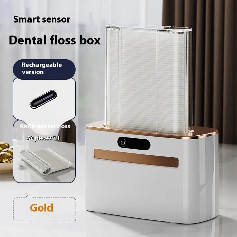 Intelligent induction dental floss box in dark grey, gold, and light grey colour options showing automatic pop-up mechanism.