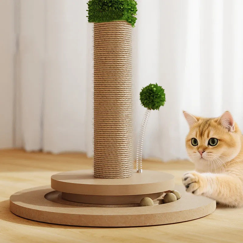 Canna coloured cat climbing frame with hemp rope scratch surfaces and a chamfered grab column.