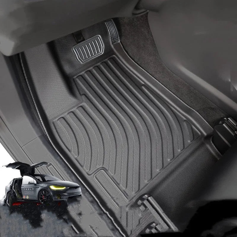 Tesla Model X waterproof TPE rubber floor mats and tail boot liner set shown in a vehicle