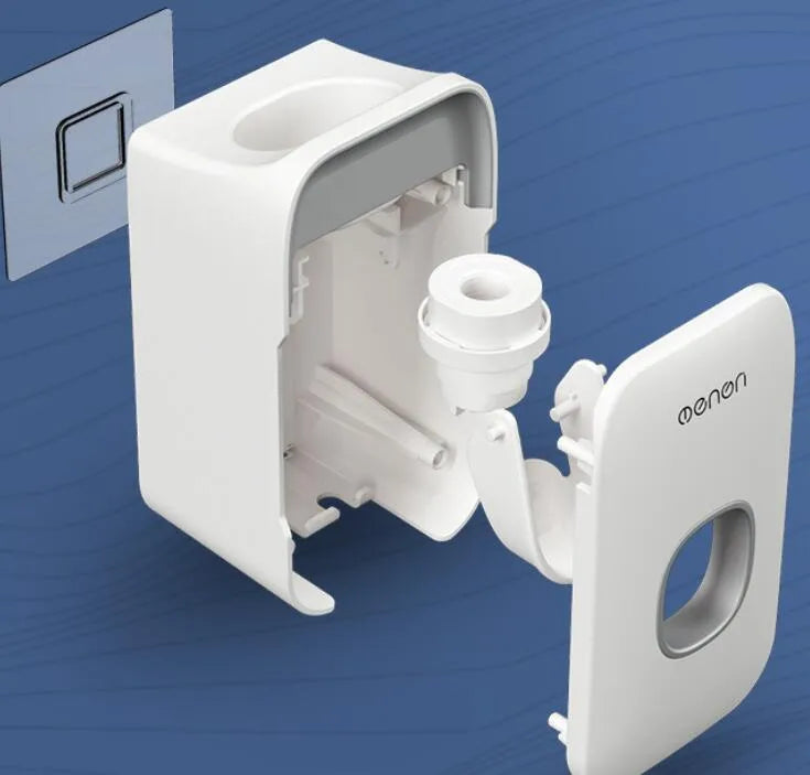 Blue automatic toothpaste dispenser with wall-mount bracket on a bathroom wall