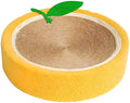 Yellow circular cat scratching board with sisal surface and central sleeping area