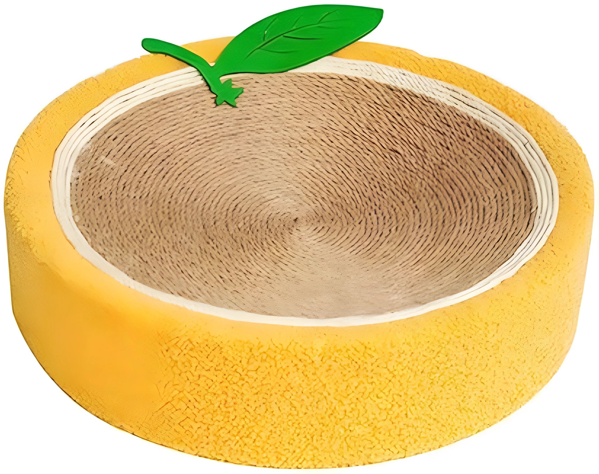 Yellow circular cat scratching board with sisal surface and central sleeping area