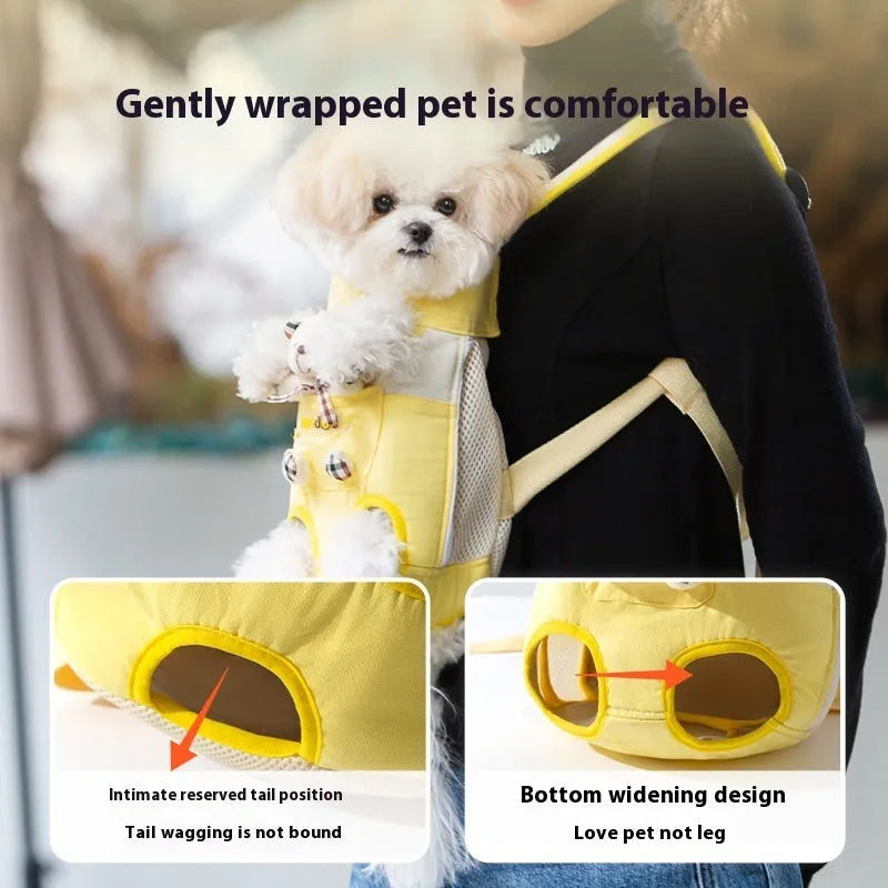 Cartoon animal design pet chest bag with colourful stitching on soft canvas material
