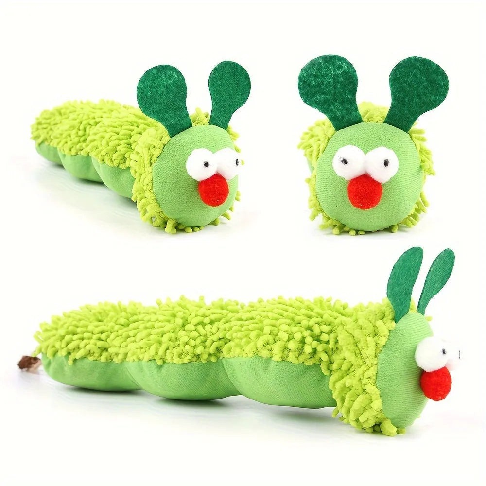 Green interactive plush cat toy pillow measuring 24cm long for feline play without batteries