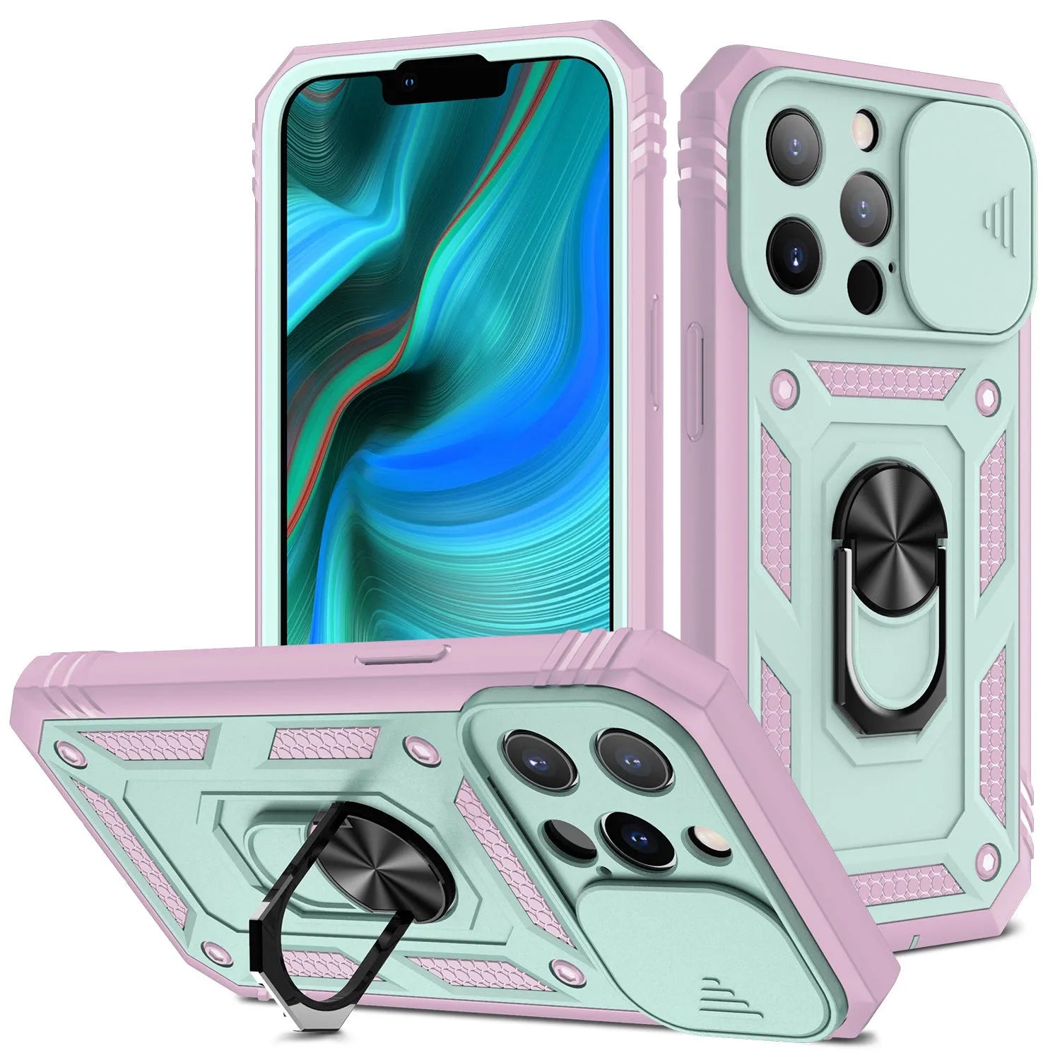 Magnetic iPhone case with sliding window bracket in dual-tone colours for iPhone 12 and 13 models