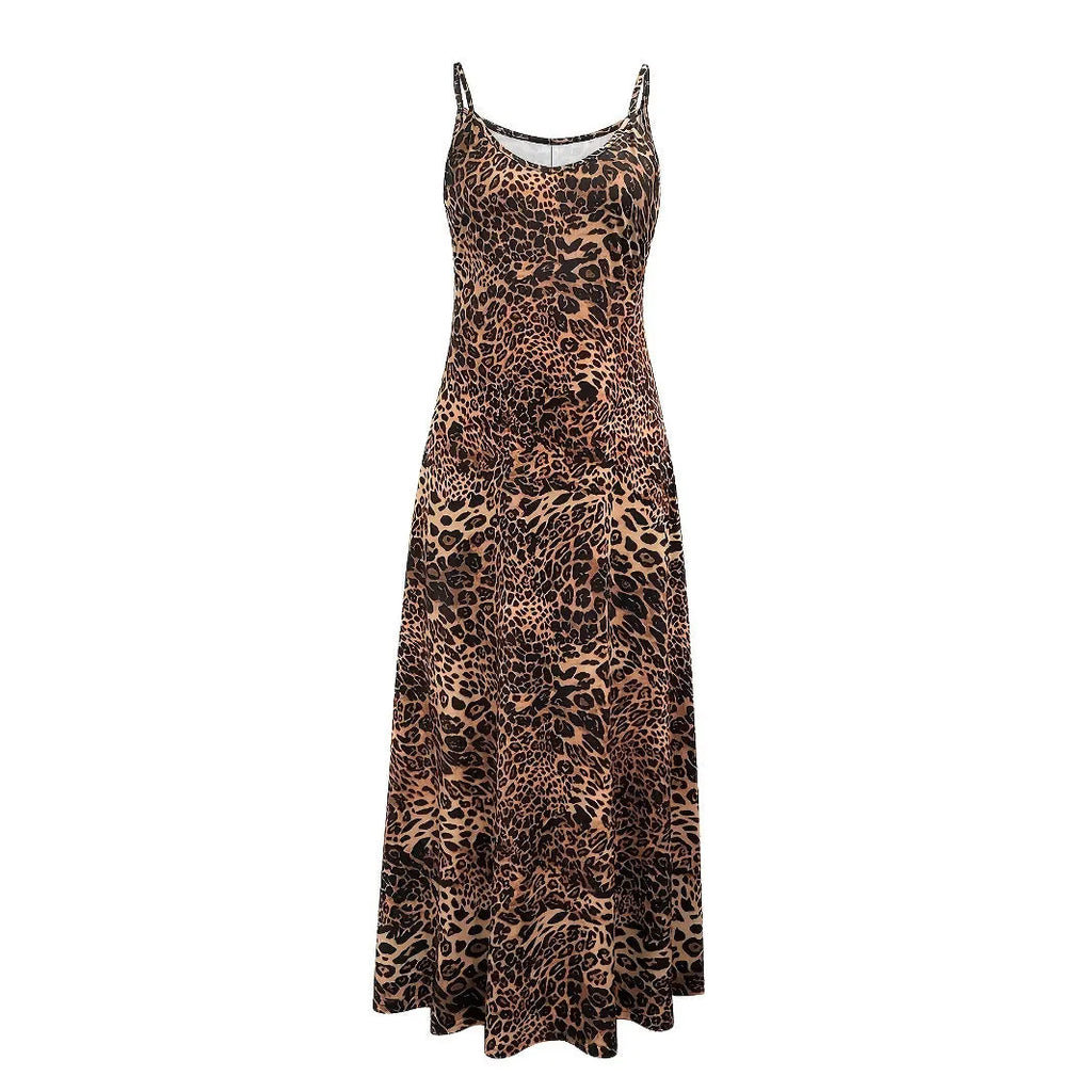 Dark brown leopard print casual dress with sleeveless shoulder strap design and long skirt