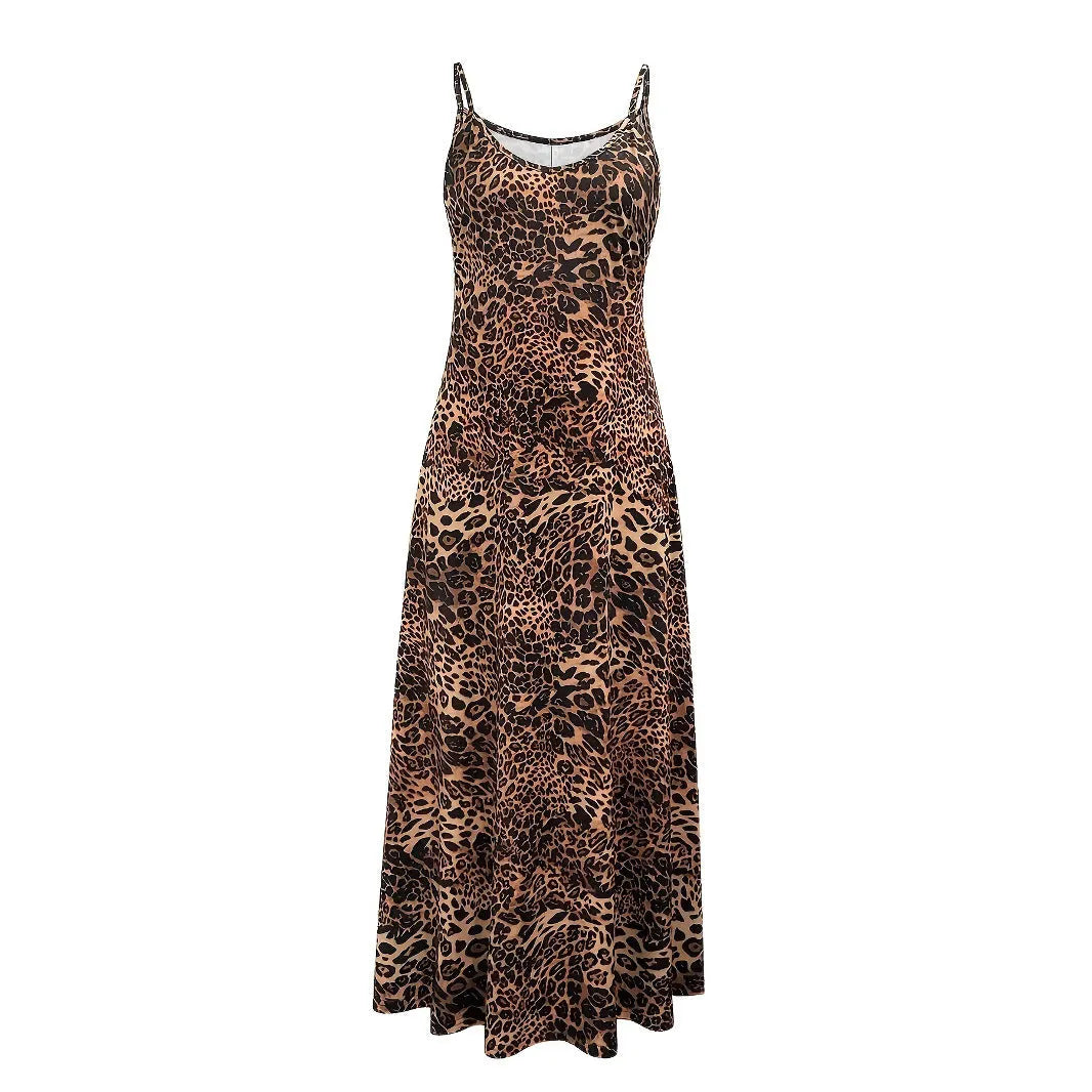 Dark brown leopard print casual dress with sleeveless shoulder strap design and long skirt