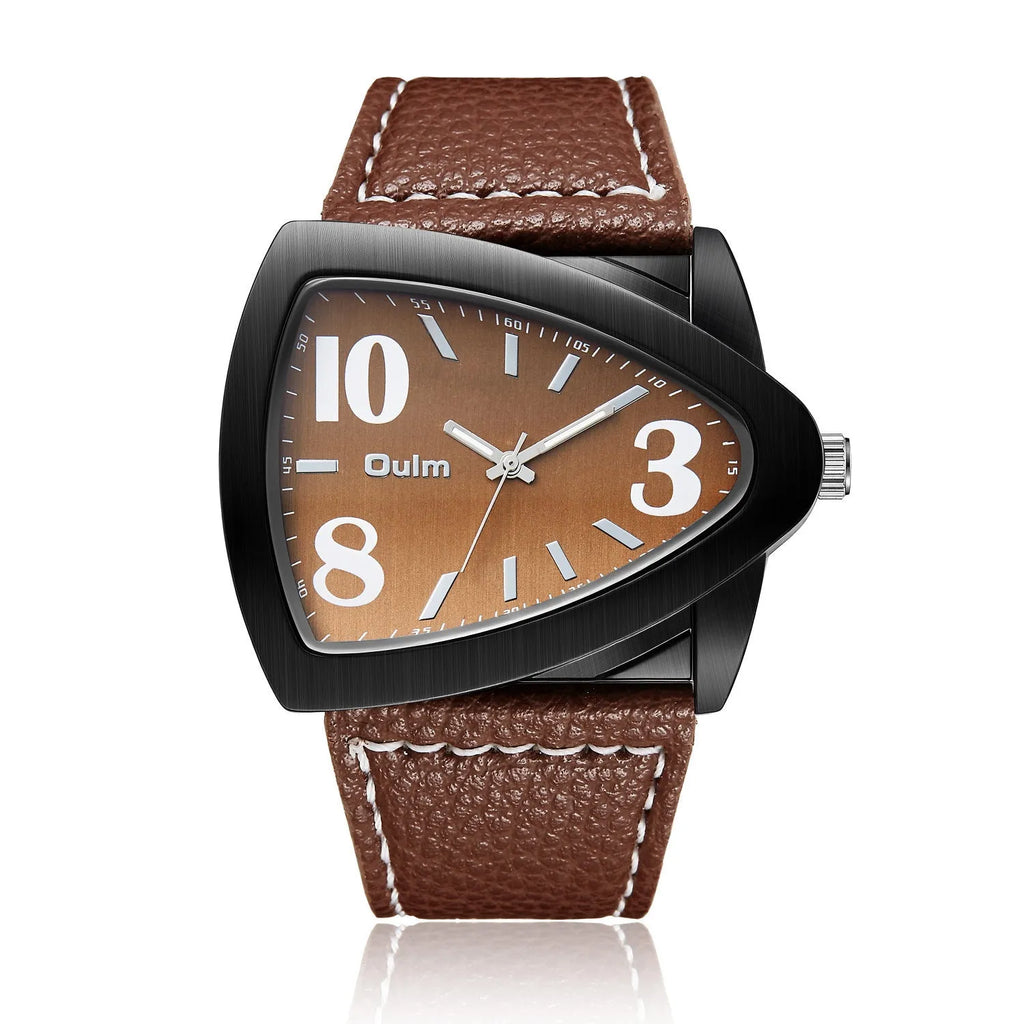 Men's casual triangle belt quartz watch showing the distinct strap design and 9mm profile.