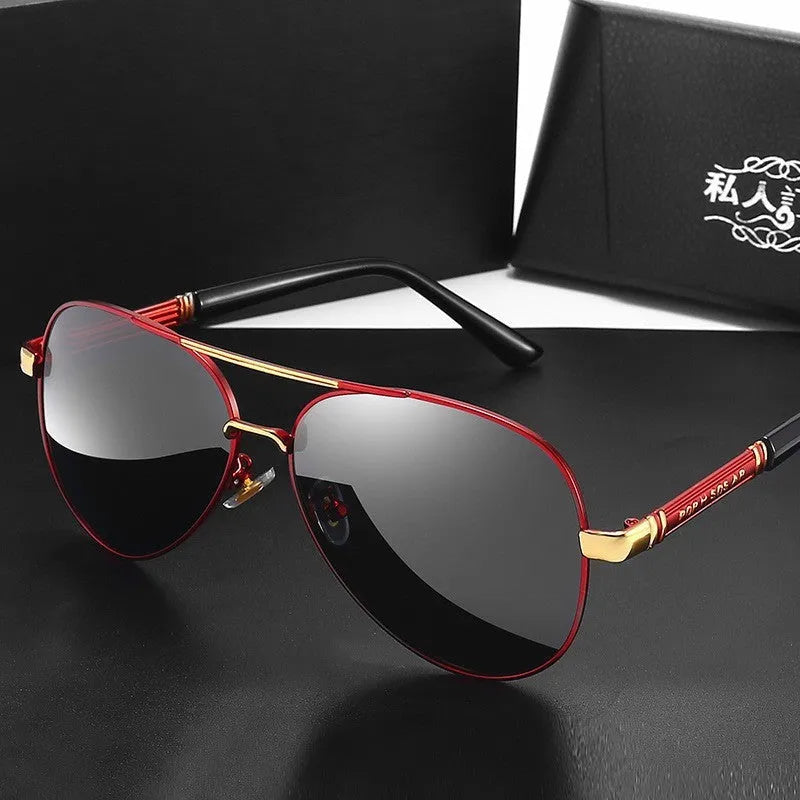 Men's metal-frame sunglasses with polarised or colour-changing lenses in gold, black, or silver.