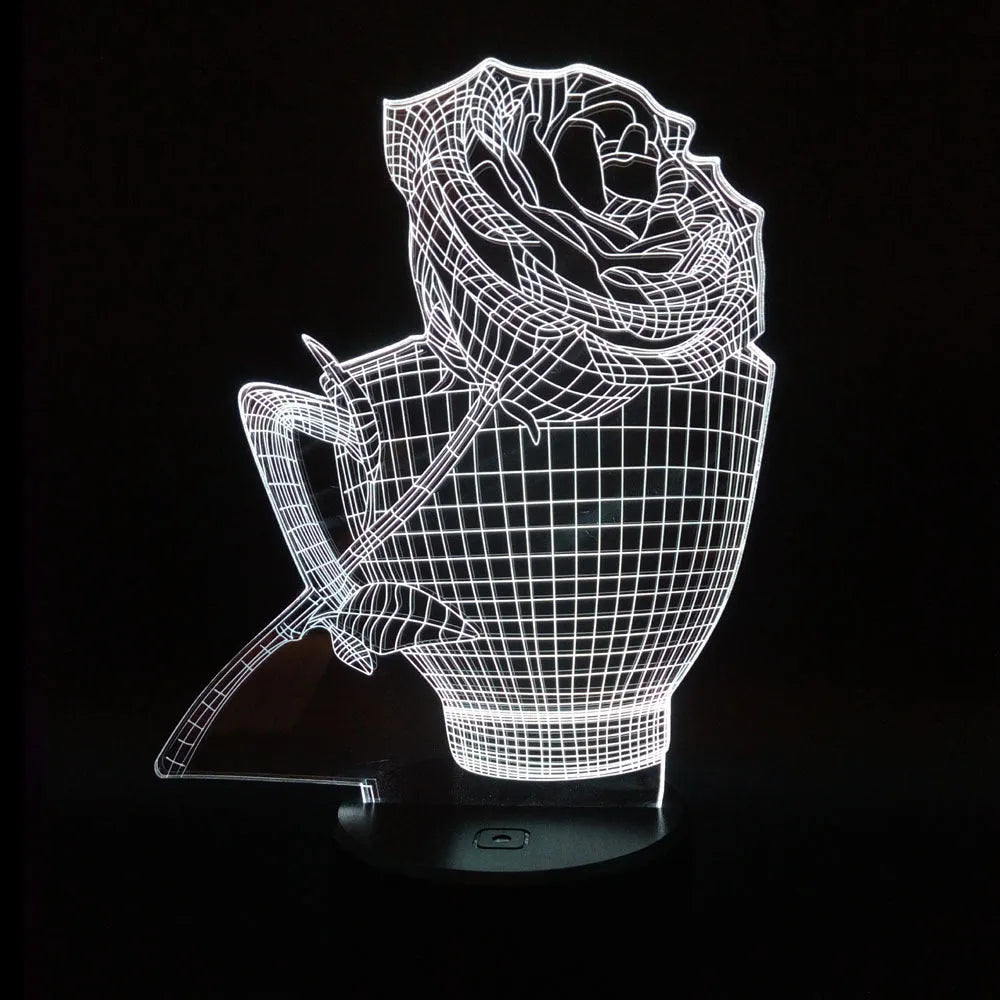 3D rose flower design night light with colour changing LEDs in acrylic panel with ABS base