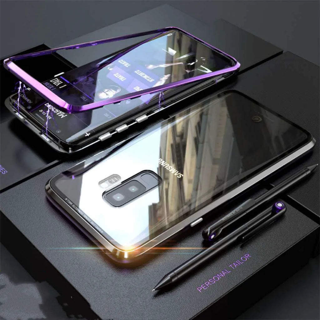 Black anti-peeping magnetic clamshell phone case for Samsung Galaxy showing privacy screen and magnetic closure