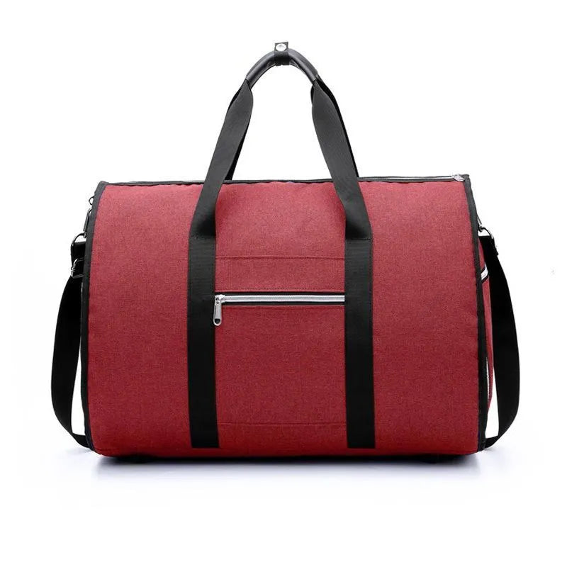 Medium cylindrical travel bag in red, light grey, blue, or black with waterproof Oxford cloth and zipper pocket.