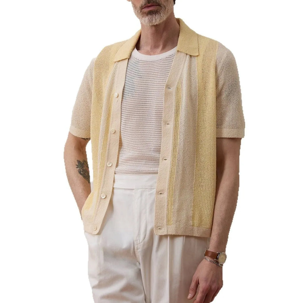 Yellow men's casual polo shirt with hollow-out pattern and asymmetric design in Tencel fabric