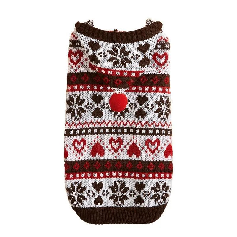 Pink blue grey camouflage patterned knitted dog sweater with snowflake design for small winter dogs