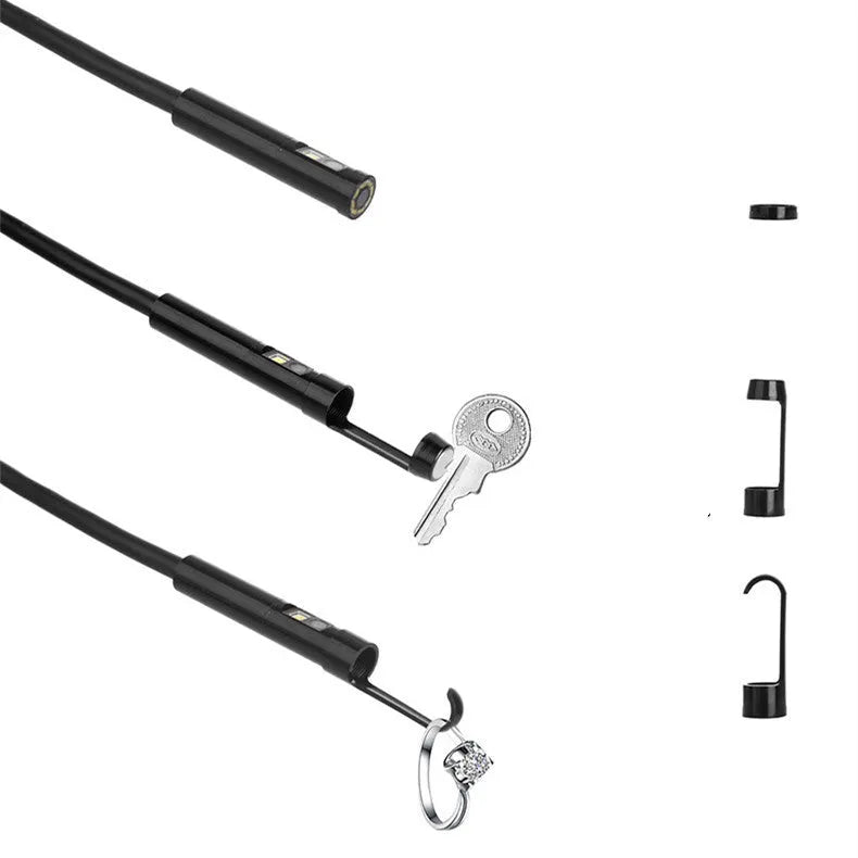 Wireless dual lens endoscope with 5.5mm and 8mm probes, magnet and hook accessories, smartphone display