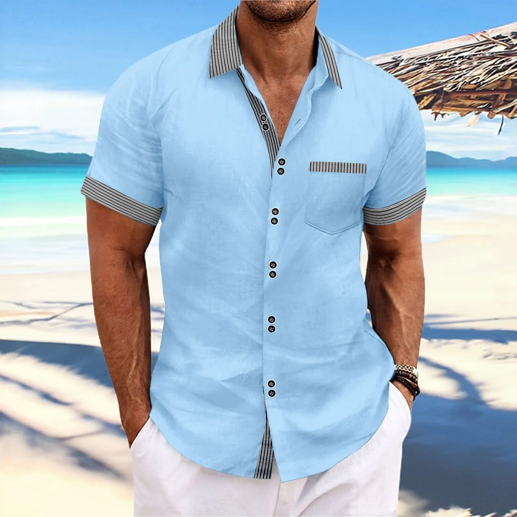 Men's striped double button short sleeve casual shirt in pure cotton, slim fit style