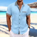 Men's striped double button short sleeve casual shirt in pure cotton, slim fit style