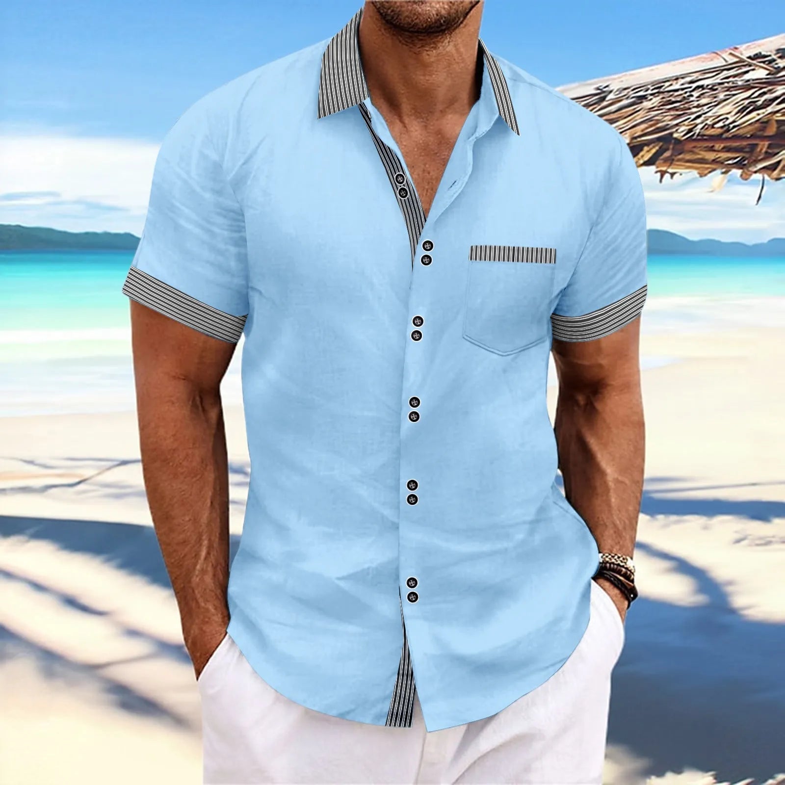 Men's striped double button short sleeve casual shirt in pure cotton, slim fit style