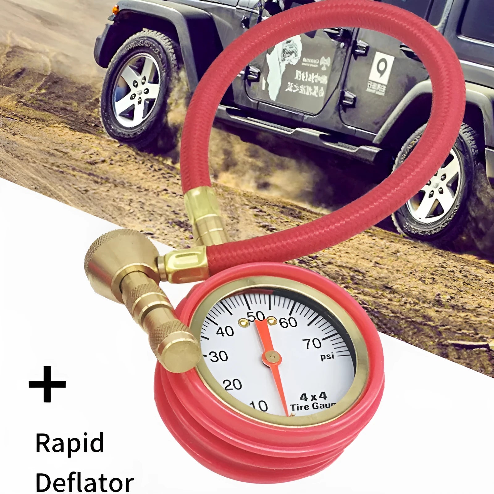 Red and black mechanical tyre pressure gauge with deflator for SUV and commercial vehicle tyres.