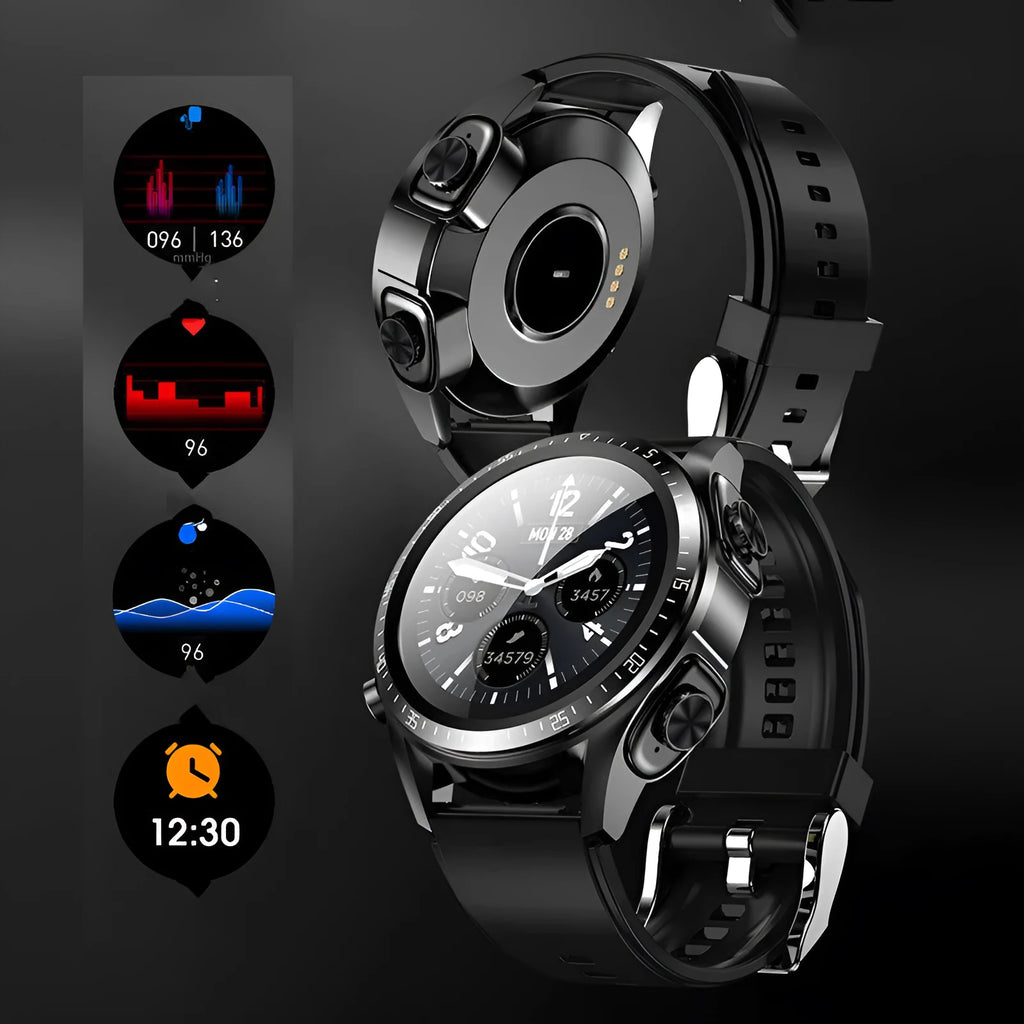 Black smartwatch with silicone strap showing blood pressure and oxygen monitoring on a 1.28-inch screen