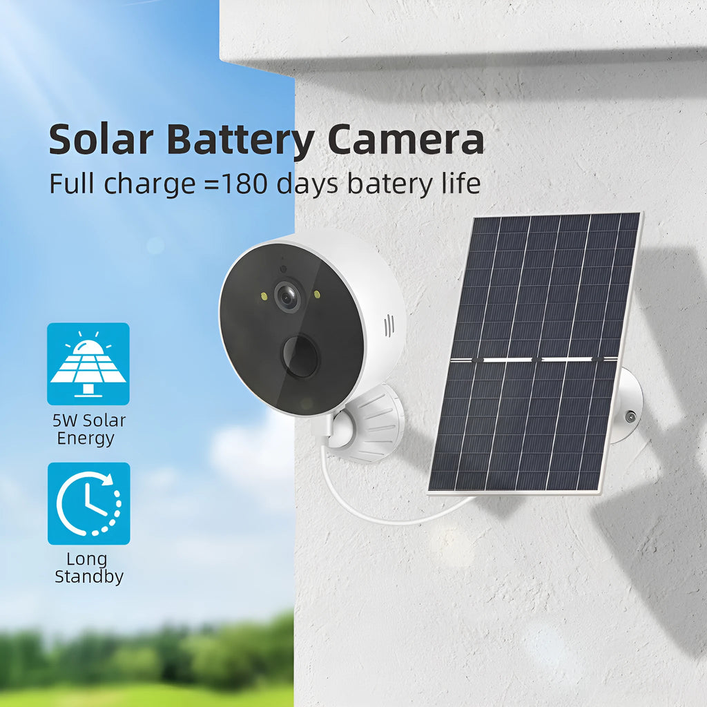 Outdoor solar security camera with 1080P HD resolution and attached solar panel for wireless monitoring