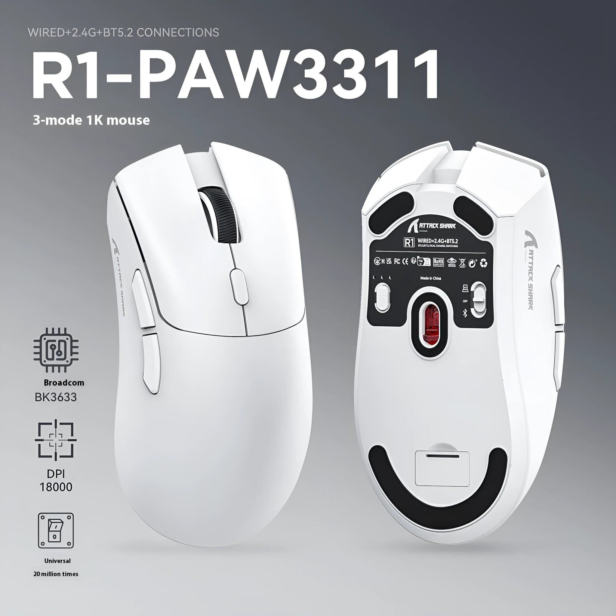 Attack Shark wireless gaming mouse in black colour showing triple connectivity modes and lightweight design