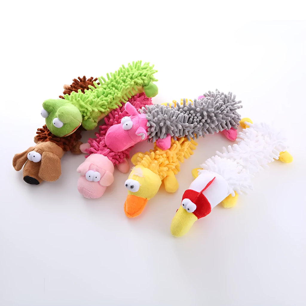 Soft plush microfiber dog chew toy in animal shapes including brown dog, yellow duck and pink pig