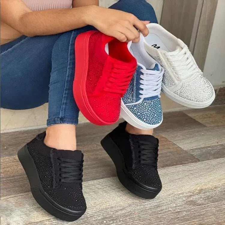 Women's black casual sports shoes with rhinestones, thick rubber sole, and front lace-up