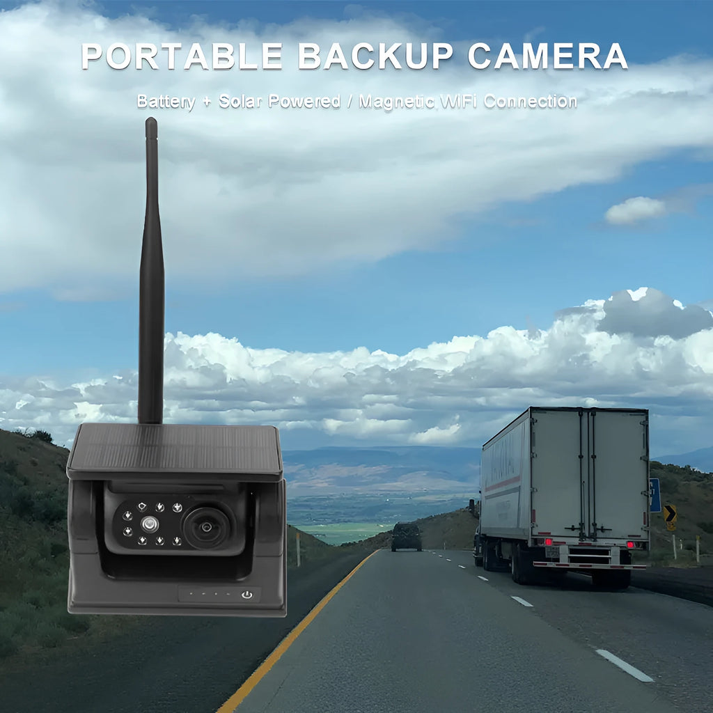 Solar-powered wireless reversing camera system with magnetic mount showing aluminium alloy construction