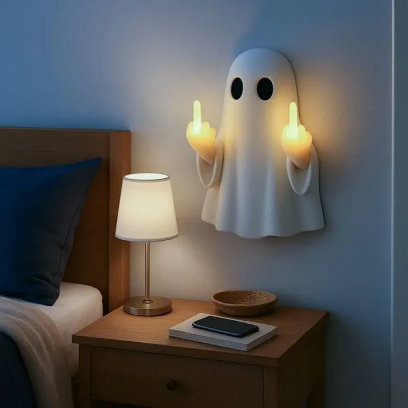 White cute ghost statue night lamp with LED light on, modern Halloween decoration
