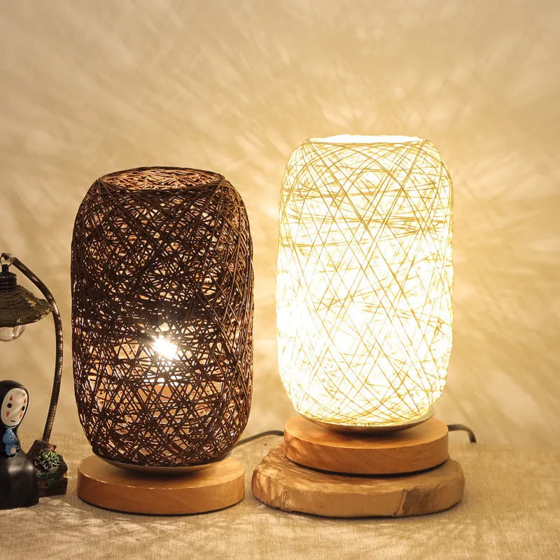 Natural hemp rope Sepak Takraw desk lamp with solid wood base and USB-powered LED light