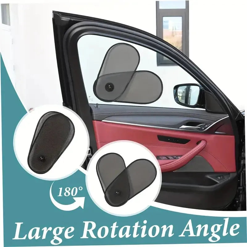 Black adjustable car side window sunshade with suction cups stretched over glass