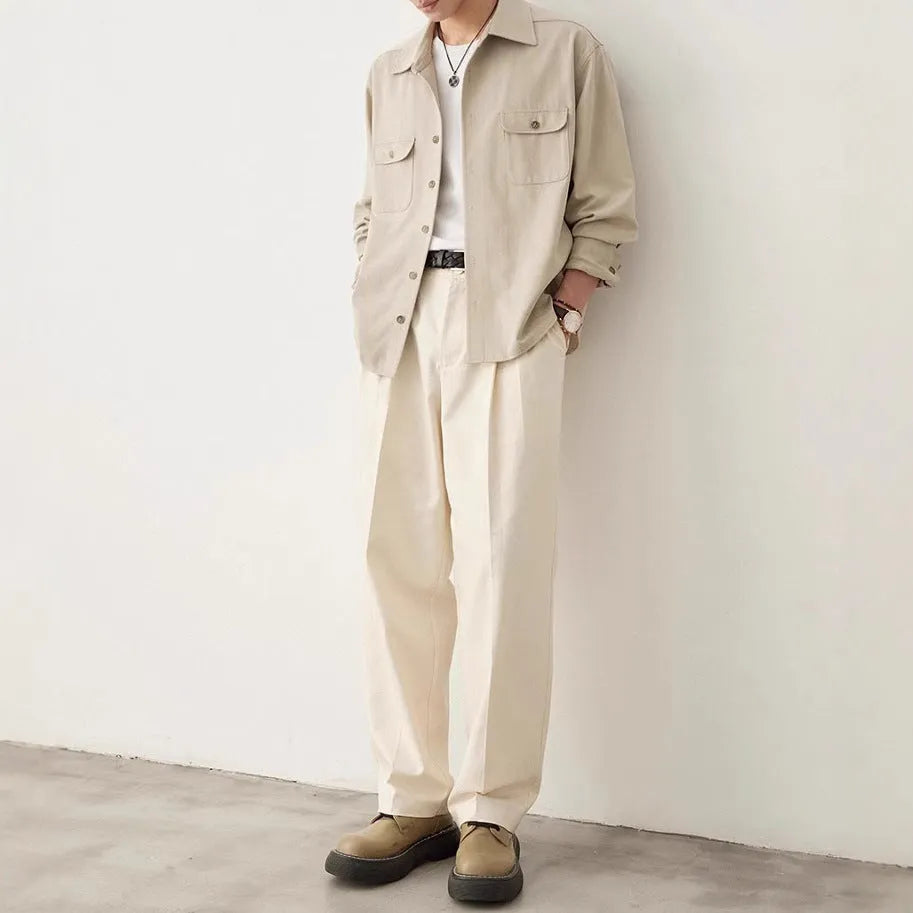 Men's light sand rice coloured casual shirt with long sleeves and a simple lapel design.