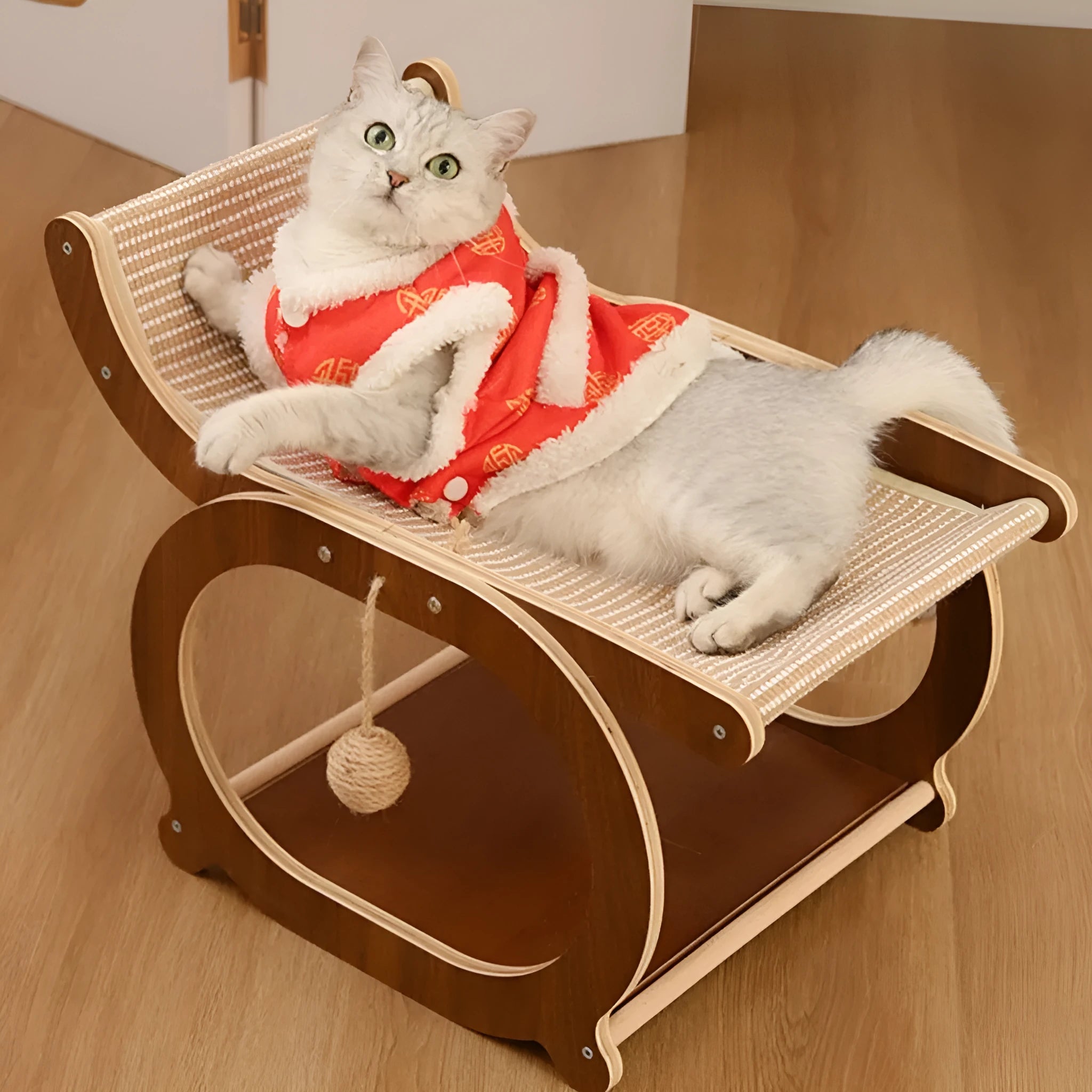 Solid wood cat bed with woven sisal scratching surface in wood colour finish