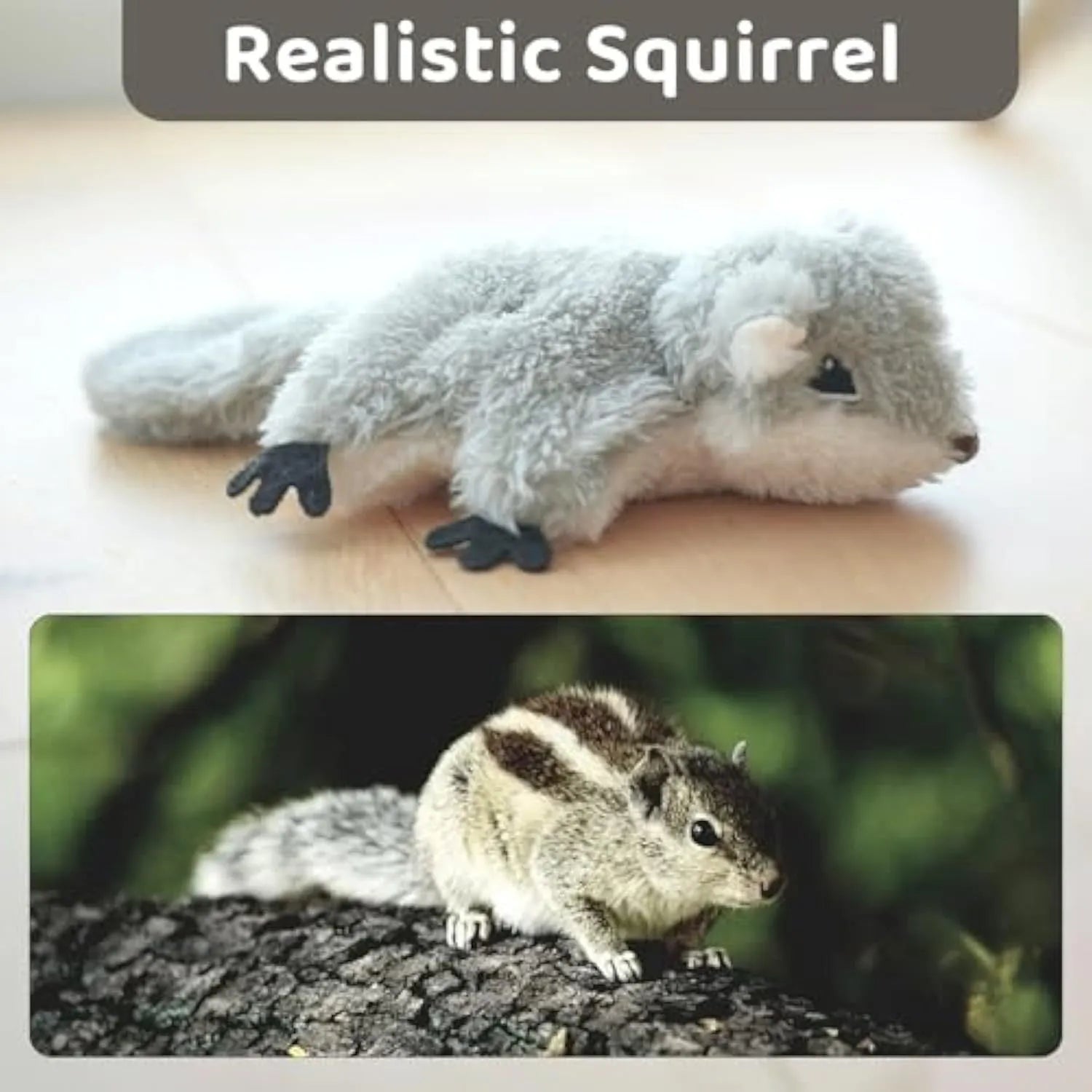 Gray flapping squirrel cat toy with USB charging cable for interactive play