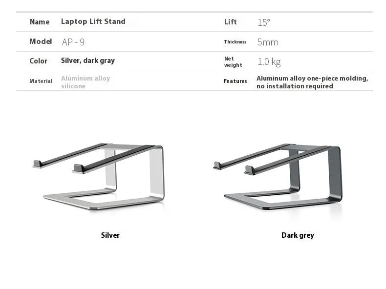 Black aluminium alloy laptop stand folded on desk next to silver version