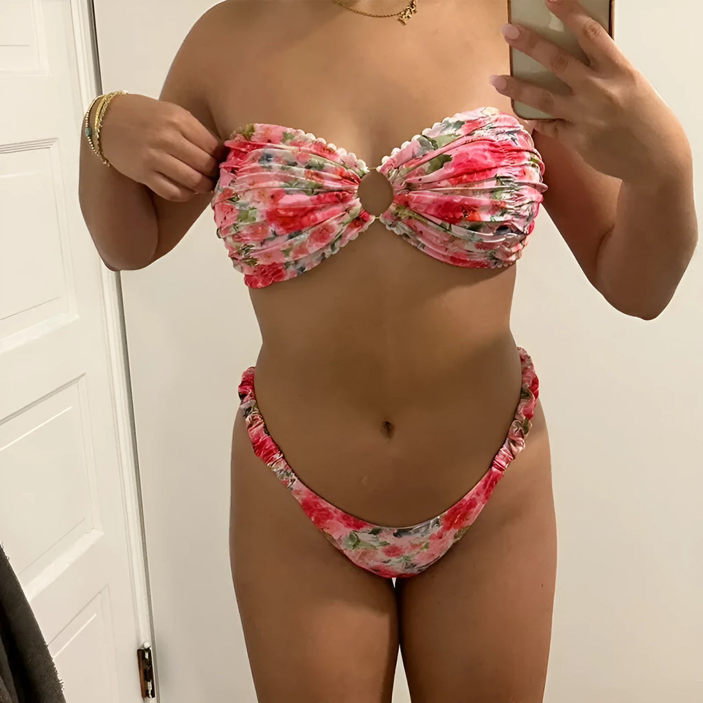 Women's floral print bikini set with lace trim tube top in blue colour