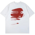 White short sleeve cotton T-shirt with a round neck on a hanger, showing a loose, straight cut fit.