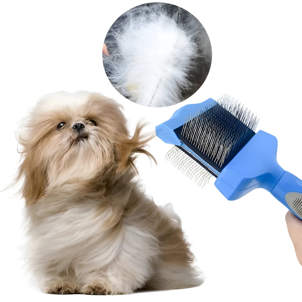 Blue double sided pet brush for dogs with stainless steel pins on a white background