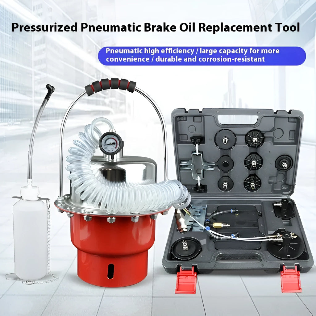 Pneumatic brake fluid replacement pumping tool with pressure gauge and transparent pipes for automotive workshop use
