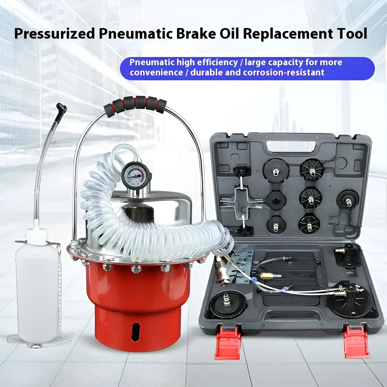 Pneumatic brake fluid replacement pumping tool with pressure gauge and transparent pipes for automotive workshop use