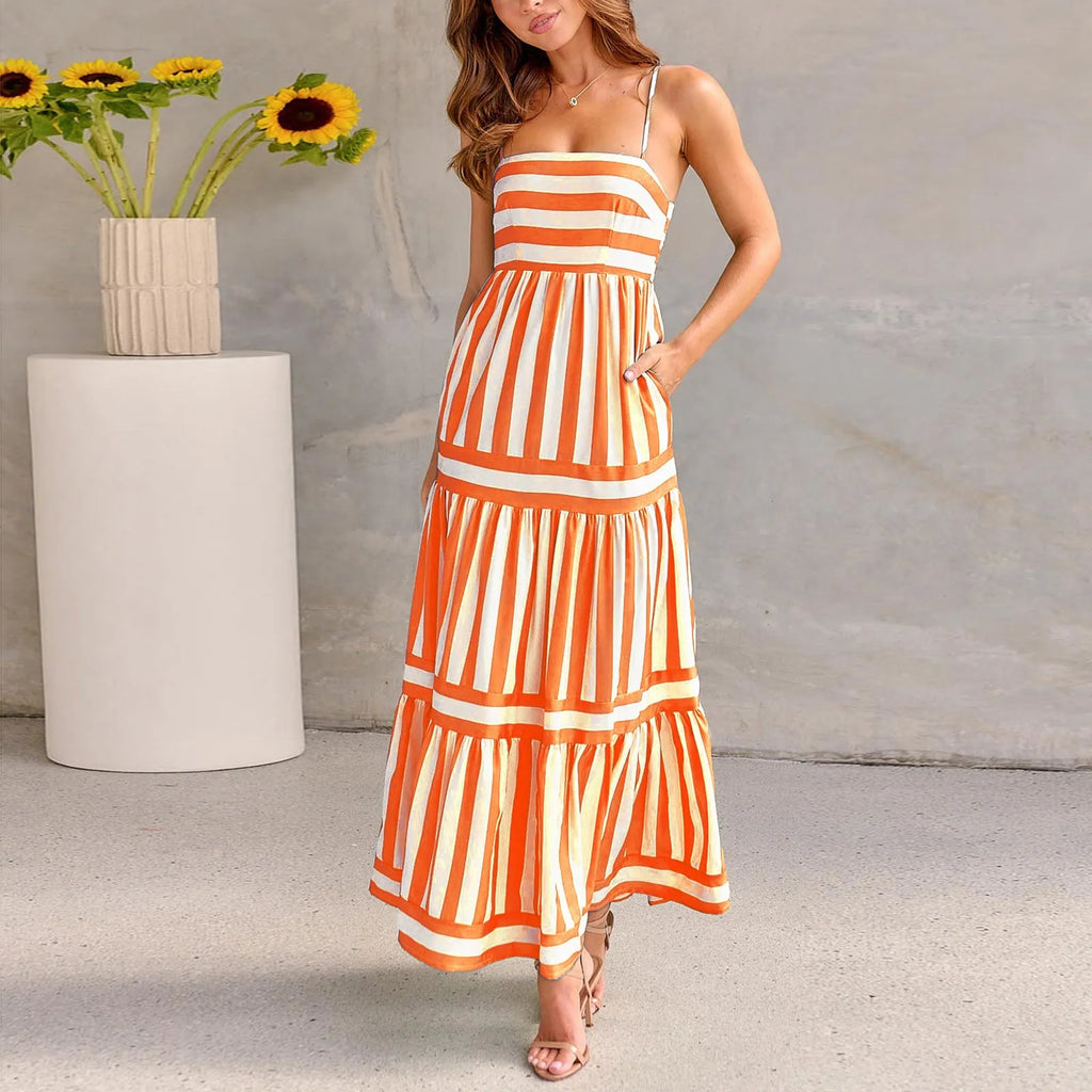Women's striped long summer dress with square neck, backless suspender straps, and side pockets.