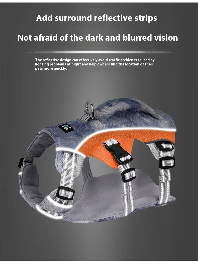 Reflective polyester chest strap for dogs in light blue, shown on a pet.