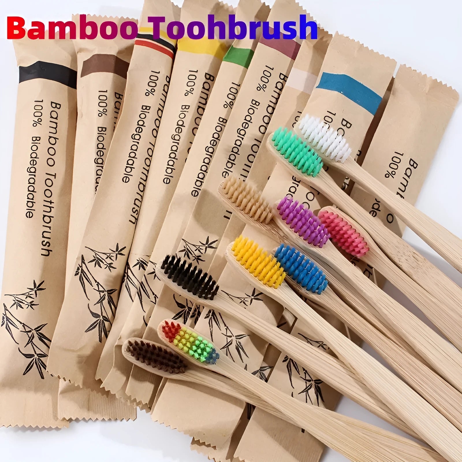 10 bamboo toothbrushes with charcoal bristles in black, green, purple, yellow, white and grey colours